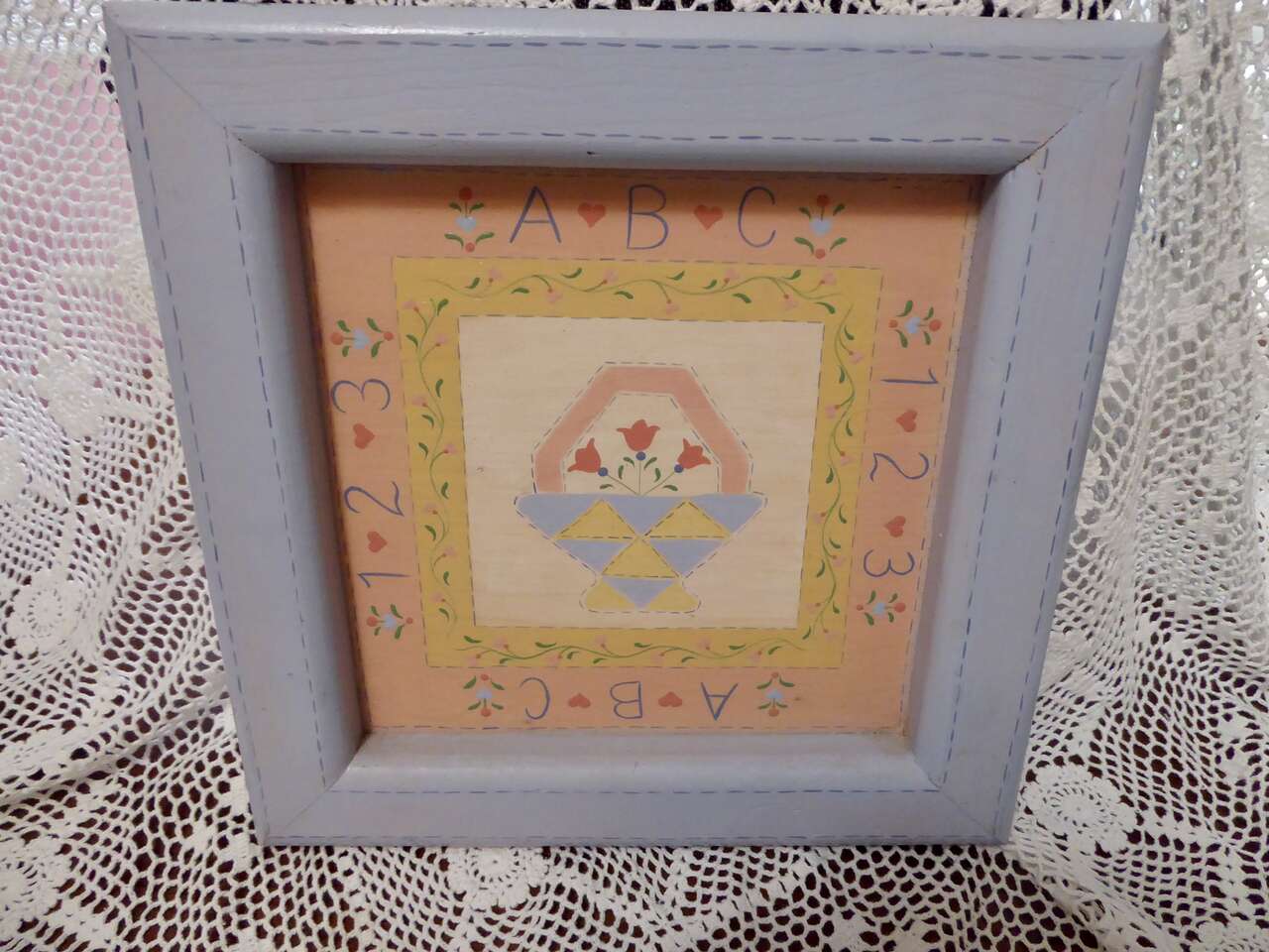 Antique / Vintage / Primitive Looking Wooden Quilt ABC - 123 Tole Painted Art Sampler W Blues, Pinks And Yellows