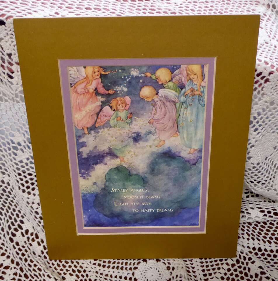 BEAUTIFUL DOUBLE MATTED- GOLD And VIOLET ANGELS ART PRINT WITH STARRY ANGELS POEM