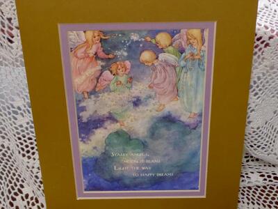 BEAUTIFUL DOUBLE MATTED- GOLD And VIOLET ANGELS ART PRINT WITH STARRY ANGELS POEM
