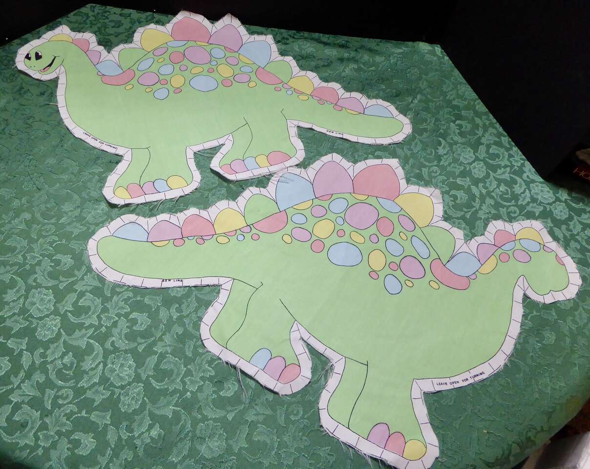 Very Sweet Whimsical Green With Colorful Spots Dinosaur Pillow / Doll Fabric / Cloth Panel To Sew