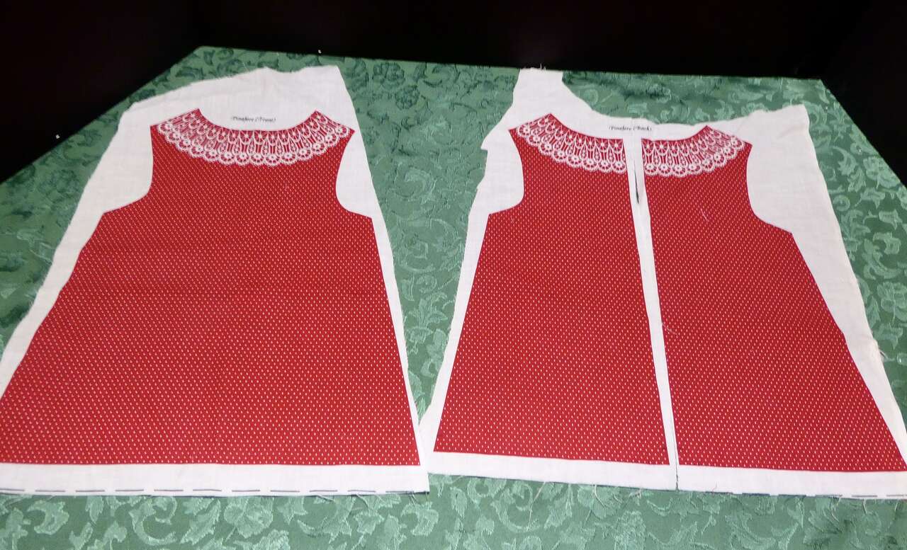 Red With White Pok-A-Dots With White Trim Doll Dress Fabric / Cloth Panel To Sew Into A Pinafore For Doll Clothes