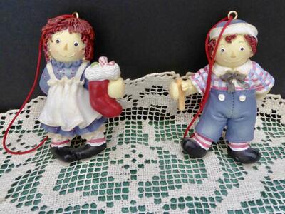 Collectible Ceramic 3 1/4 Inches Tall Raggedy Ann And Andy Dolls Christmas Tree Ornaments For Fun Decor