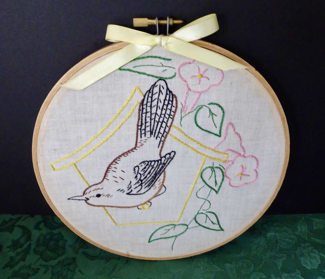 Vintage 8 1/4 Inches Across Wooden Hoop Embroidery Art Picture Of A Bird, Bird House / Flowers For Fun Wall Decor