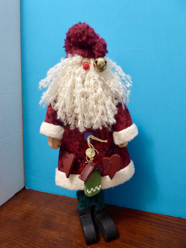 15 Inches Tall Handmade Whimsical Wooden Fabric Santa Claus With Hearts Birdhouse And Fun Vintage Buttons
