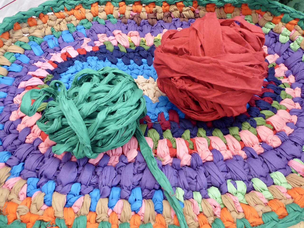 Partially Finished Crochet / Braid Colorful Cotton Fabric Rag Rug With Two Colors Of Several Yards Cotton To Add To It