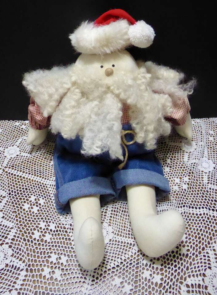 19 In. Tall Stuffed Vintage Santa Claus, Noahs Ark, Gnome Doll W/ Denim Levis, A Faded Red / Cream Shirt Wearing A Santa Hat