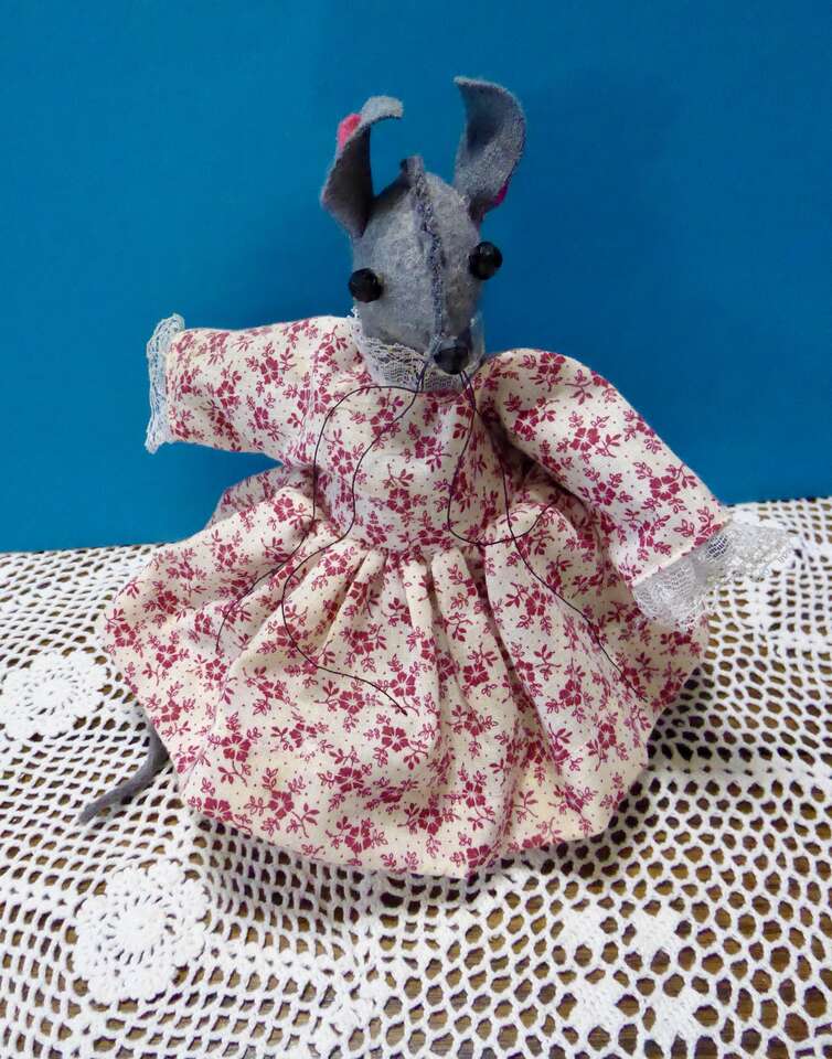 8 Inches Tall Handmade Vintage Stuffed Fabric House Mouse Doll Wearing A Pretty Dress With Button Eyes And Nose