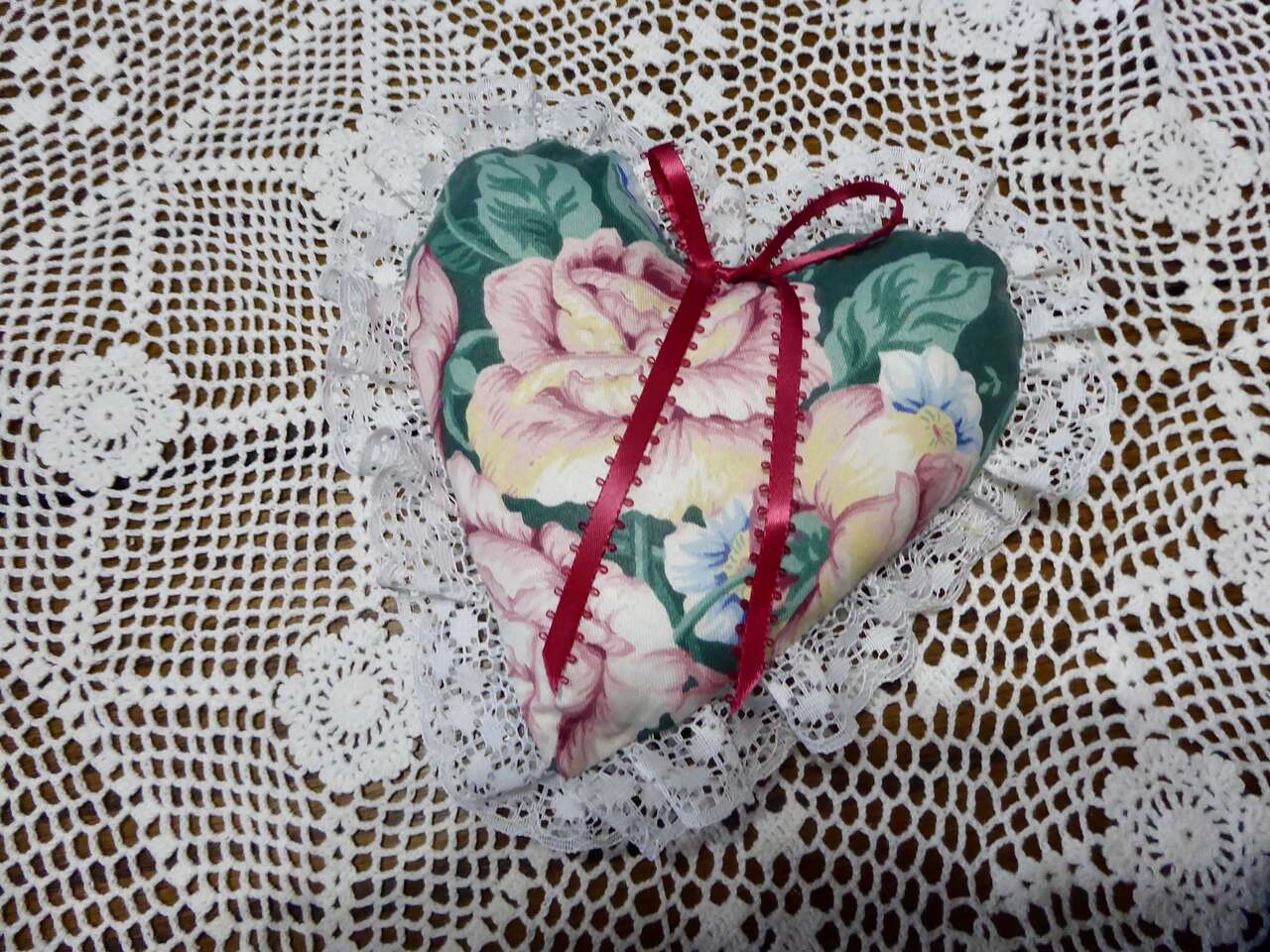Stuffed 7 1/2 Inches Fabric Valentine Heart Pillow With Pretty Lace And Ribbon In Green, Pinks, Pale Blues With Roses