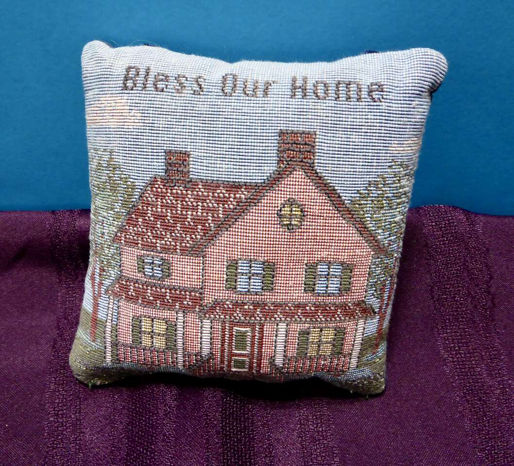 Pretty 5 1/2 Inch Stuffed Pillow With The Wording Bless Our Home - With A Stitched Farmhouse On The Front