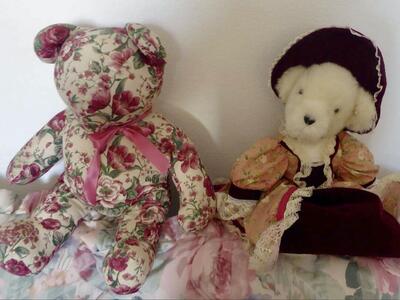 Two Larger Separate Victorian Style Stuffed Floral Fabric Bear Dolls For Fun Decor For Christmas / Valentines And More
