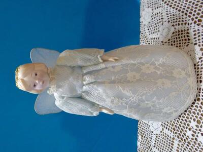 10 3/4 Inch Beautiful Vintage Christmas Tree Top Fairy Angel Doll W Porcelain Head Hands With Pale Blue White Lace Dress