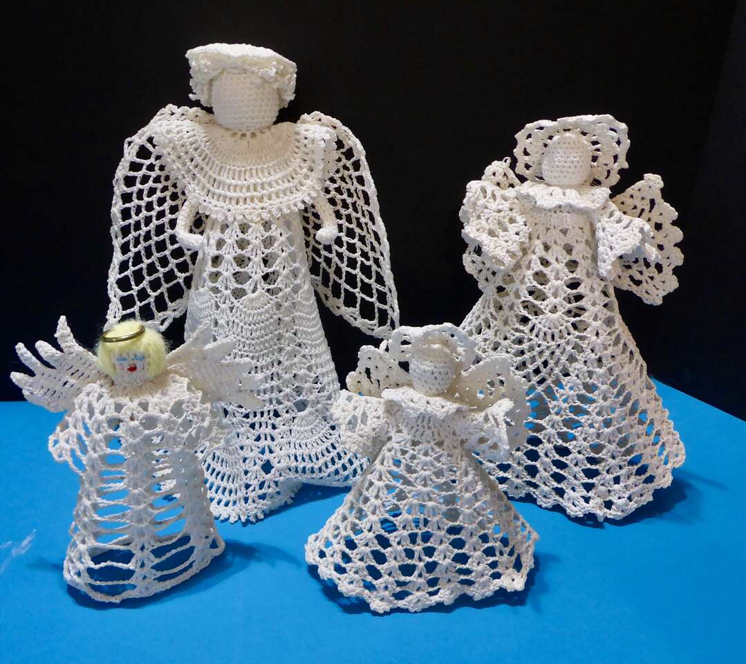 A Set Of 4 Beautiful Vintage White Crochet Angels - 1 Christmas Tree Top Angel + 3 Angel Tree Or Shelf Ornaments