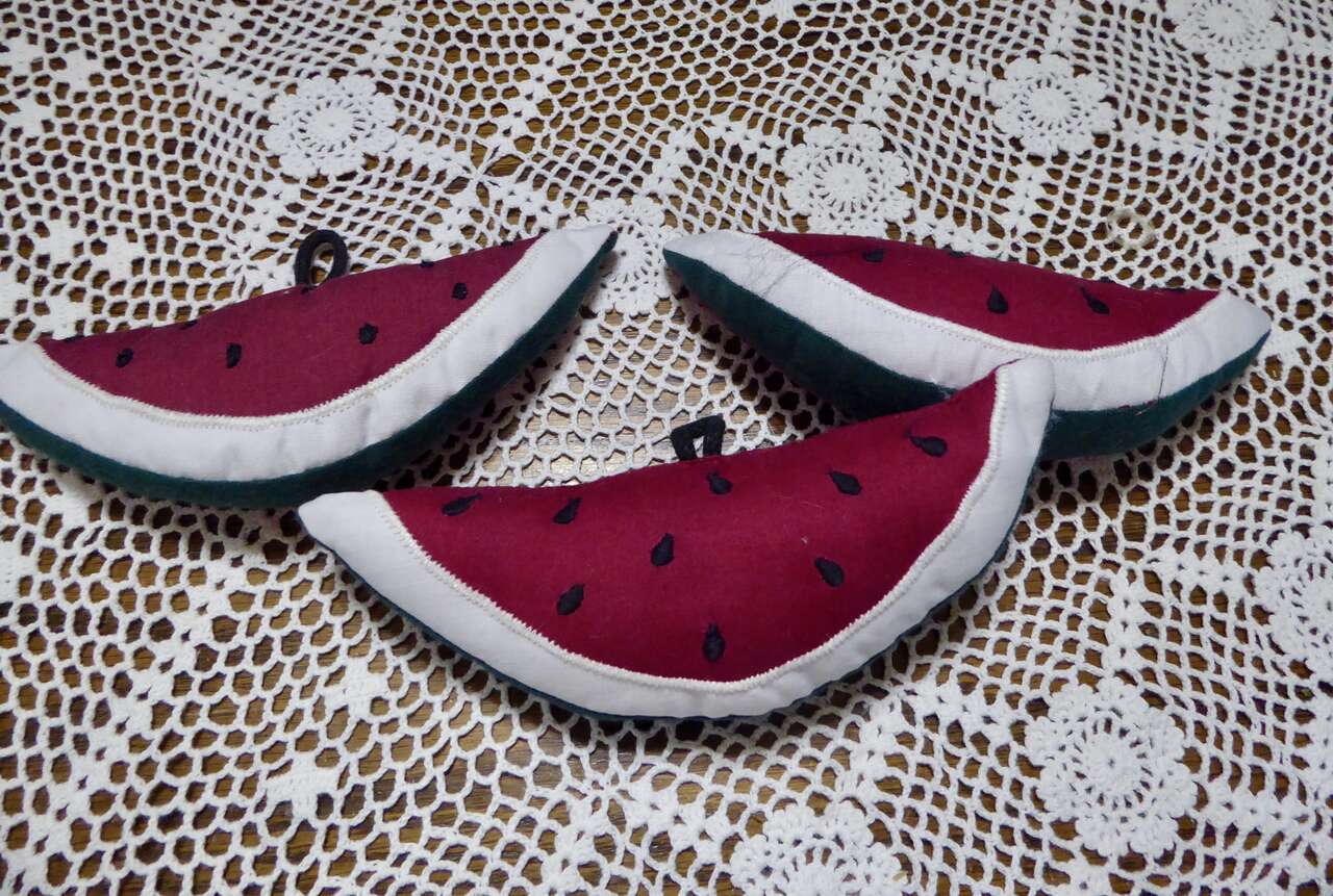 Three 6 1/2 Inches Wide Fabric Watermelons With A Loop At The Top For Hanging. Great For Wreaths Or Christmas Tree Ornaments