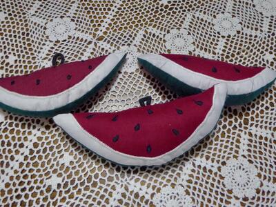 Three 6 1/2 Inches Wide Fabric Watermelons With A Loop At The Top For Hanging. Great For Wreaths Or Christmas Tree Ornaments