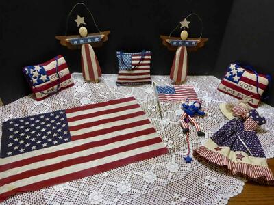 Several Patriotic Items - Fabric Doll, 2 Wooden Angels, 3 Door Knob Pillows, Flags, 2 Whimsical Uncle Sam Doll Toys