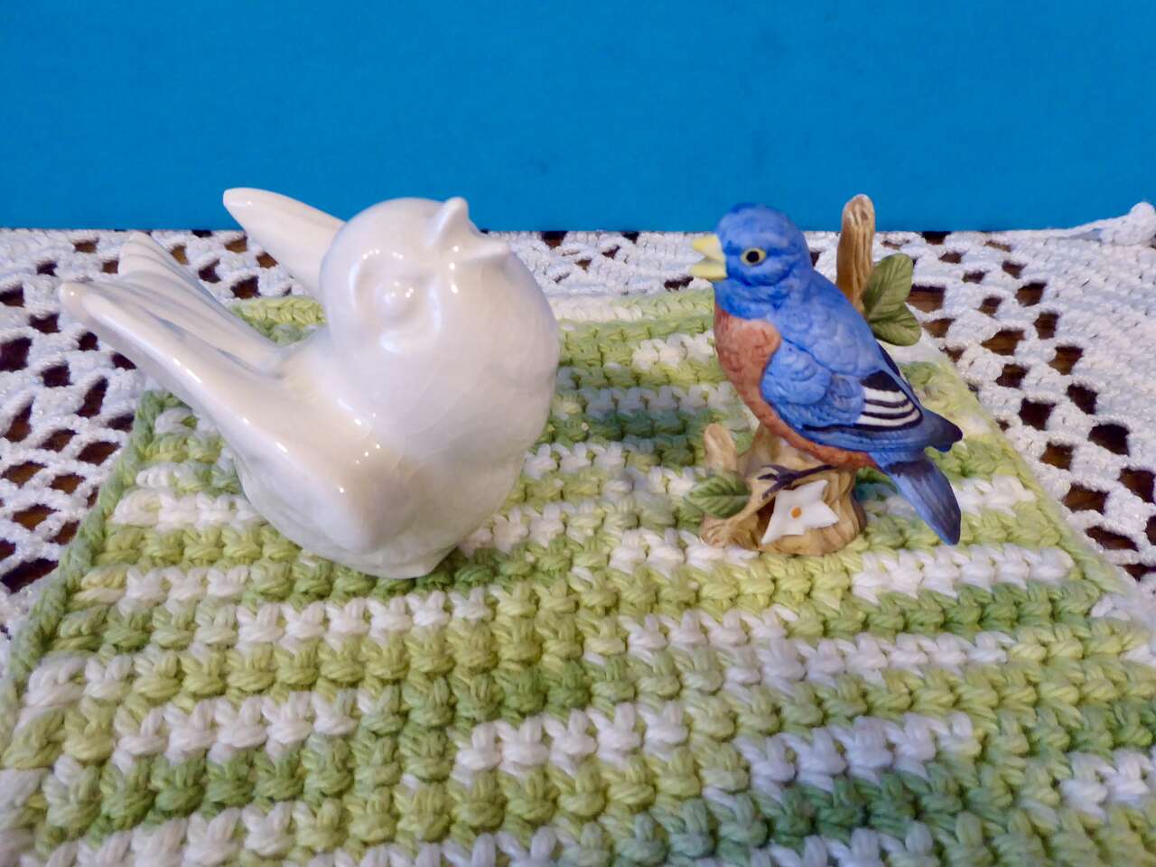 A Set Of Two Very Beautiful Ceramic Birds For Fun Decor- With A White Bird And A Blue Bird