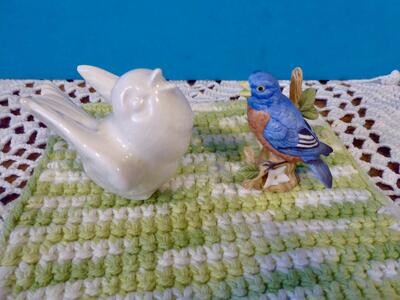 A Set Of Two Very Beautiful Ceramic Birds For Fun Decor- With A White Bird And A Blue Bird