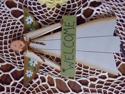 Hand Painted Wooden Angel WELCOME Wall Decor With Pretty Hand Tole Painted Flower Wings
