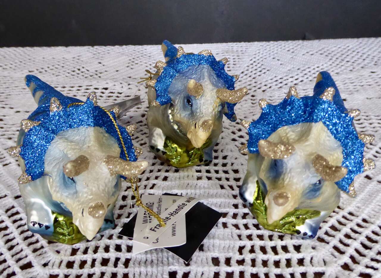 Three Triceratops Dinosaurs Christmas Ornaments Or To Use With Crafts With Hanging Tags And Glitter
