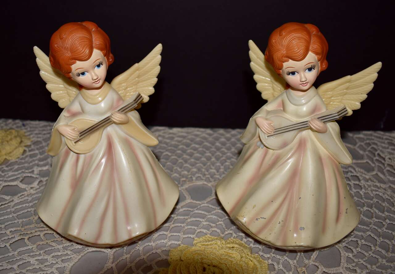 Two Antique / Vintage Musical Angels Playing A Musical Instrument - Great Christmas Or Year Round Decor