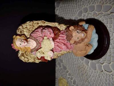 Beautiful Ceramic / Resin Angel Holding A Lamb With A Lion At Her Feet With A Wooden Base