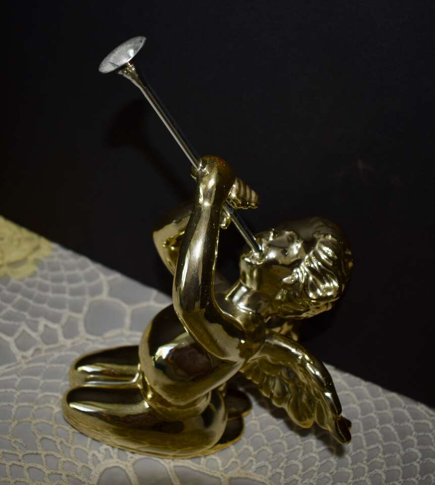 Very Beautiful Decorative 10 1/4 Inches Tall W Trumpet Golden Ceramic Kneeling Angel Moroni Blowing His Trumpet