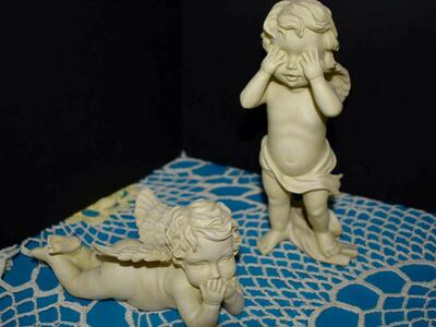Set Of Two Sweet Ceramic / Pottery See No Evil And Speak No Evil Angels
