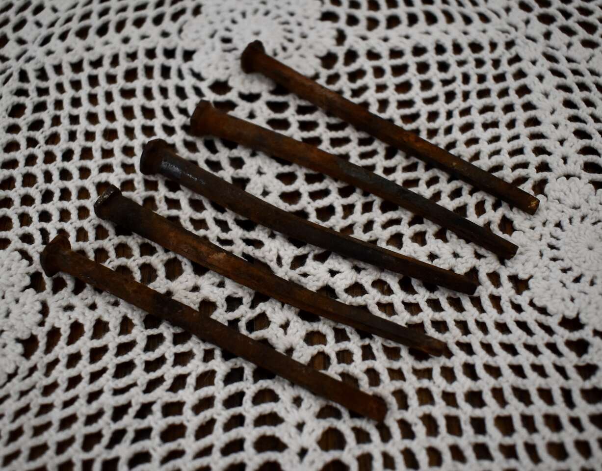 Five Very Rusty Old Antique Three Inch Square Top Nails- Fun For Steam Punk Projects