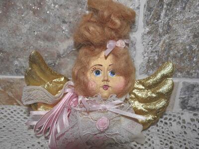 Vintage Victorian Angel Doll Wall Hanger OR Christmas Tree Ornament With Golden Wings OR Brooch