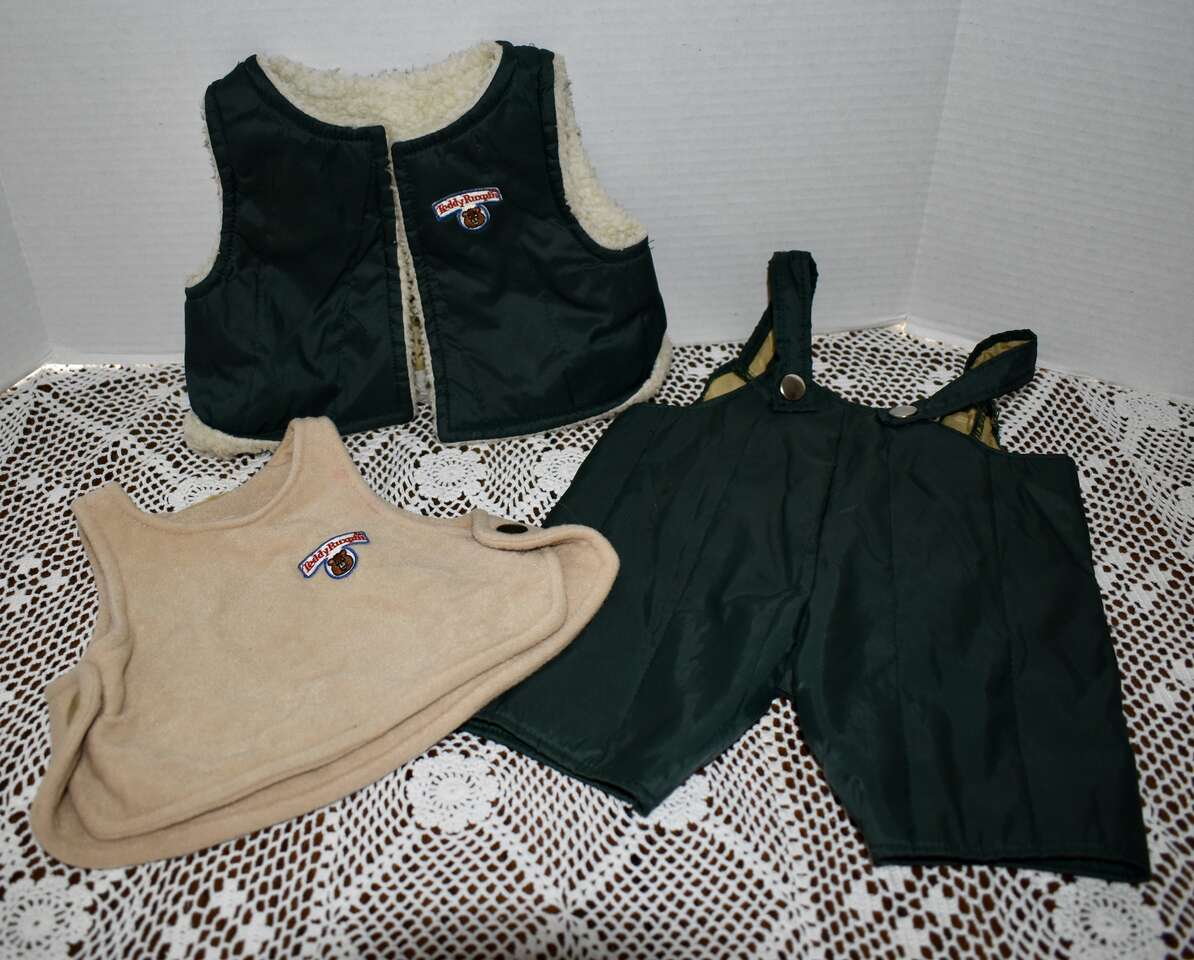 Vintage 1980's Collectible Green Hiking Adventures Green Vest / Overalls Teddy Ruxpin Bear Doll Outfit Top And Boots