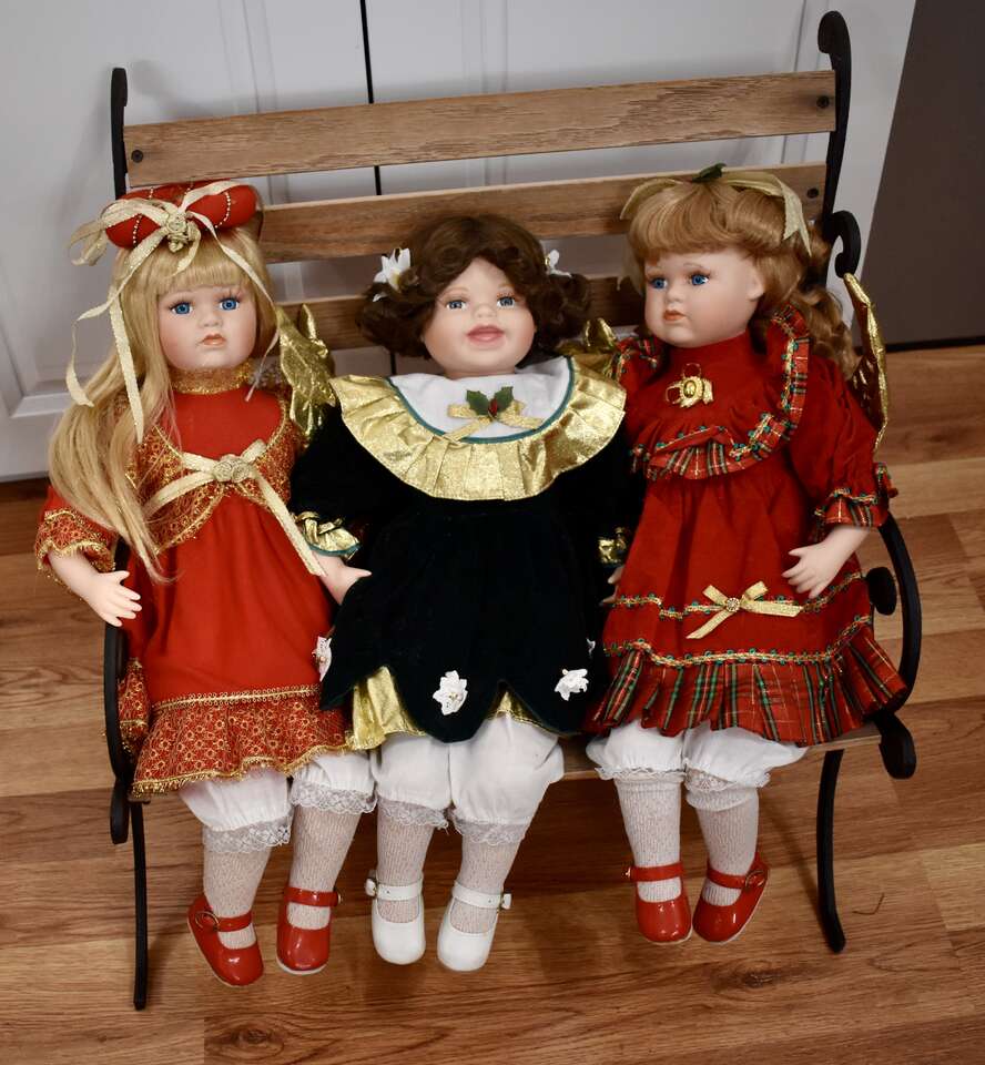 Three Separate Vintage Beautiful 19 inches Tall Sitting Porcelain Christmas / Valentines Angel Dolls For Fun Decor