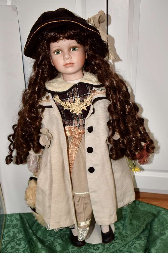 Beautiful Vintage 28 inch Porcelain Doll With Long Curly Hair Holding a Bear - Comes With A Box