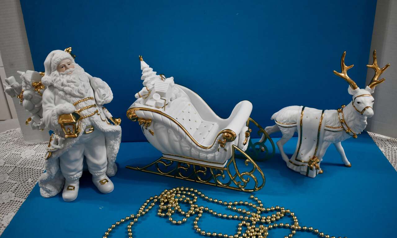 Traditions Christmas Figurines - White Porcelain With Gold Accents- Santa, Sleigh and Reindeer With Box