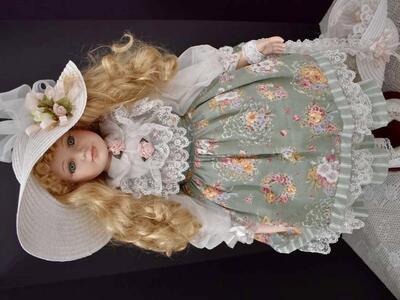 Beautiful Vintage 29 Inch Tall Porcelain Doll With Long Blond Hair / Green Eyes Wearing A White Spring Hat