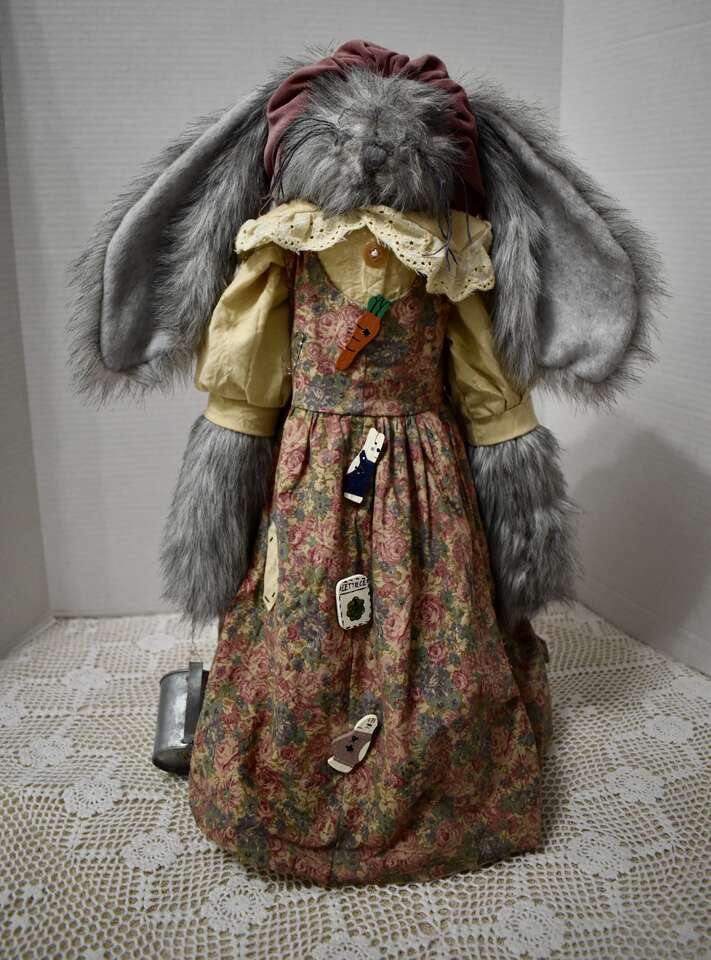 VINTAGE 20 Inches Tall Primitive Looking Stuffed Gardening Rabbit Doll With A Stand