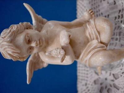 A Very Sweet Shelf Edge Sitting Ceramic Angel -Holding A Beautiful Dove