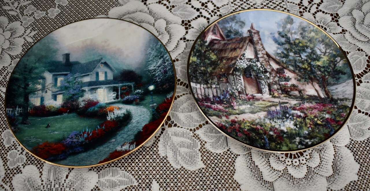 TWO Separate Very Beautiful Collectible Plates With Cottage Style Houses / Scenes- THOMAS KINKADE AND FRANKLIN MINT HEIRLOOM