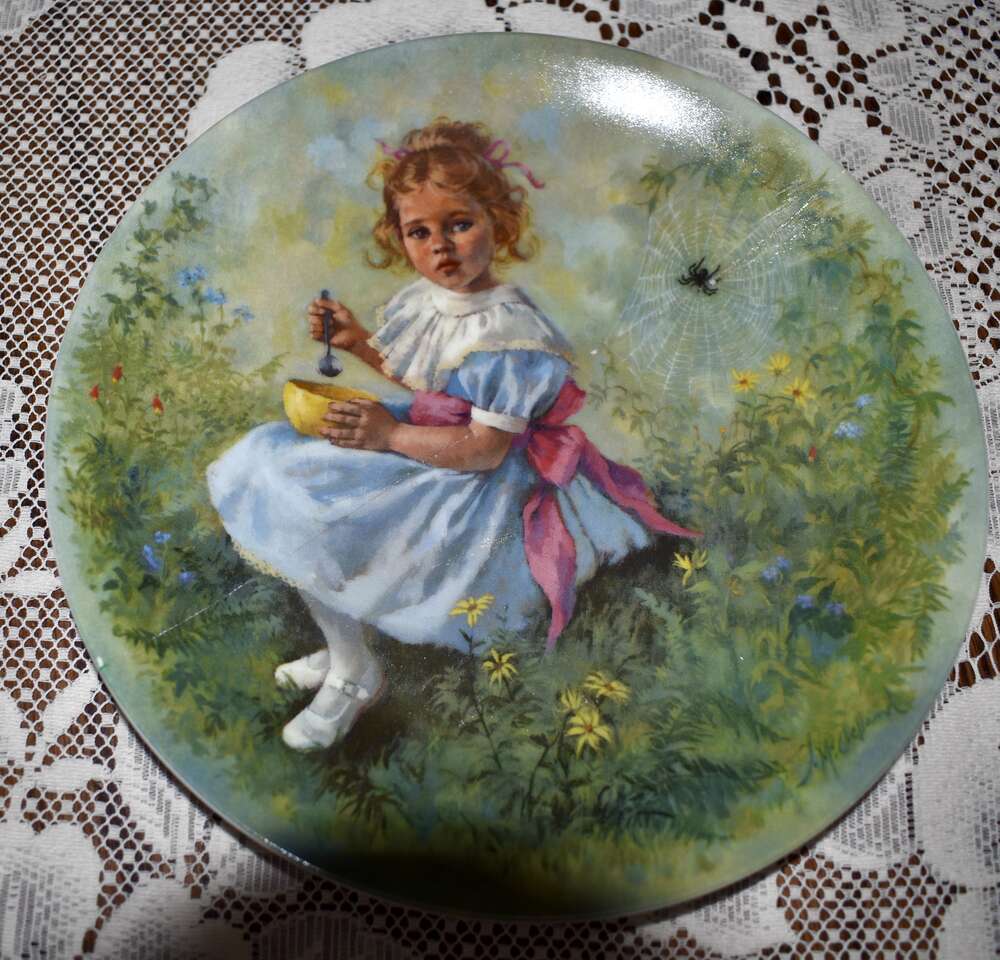 Sweet Collectible 8 1/2 inch Wide Plate- LITTLE MISS MUFFET BY RECCO- (Cracked In The Center And Repaired With Glue)