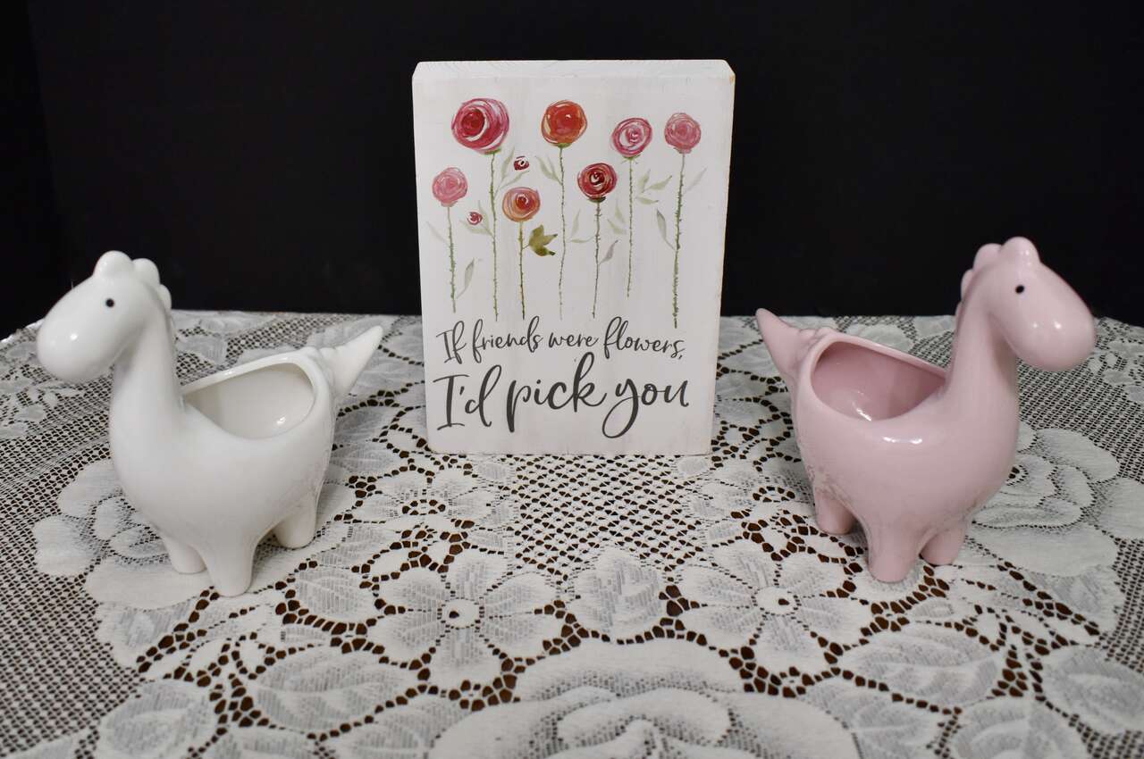 Set Of 3 Items - Painted Wooden Friends Sign With Flowers And Two Ceramic White And Pink Dinosaurs Planters / Decor