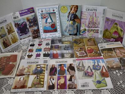 Several Older In New Condition Fabric Tote, Hand Bags, Purses, Drawstring, Accessories, Hats And More Sewing Patterns To Make