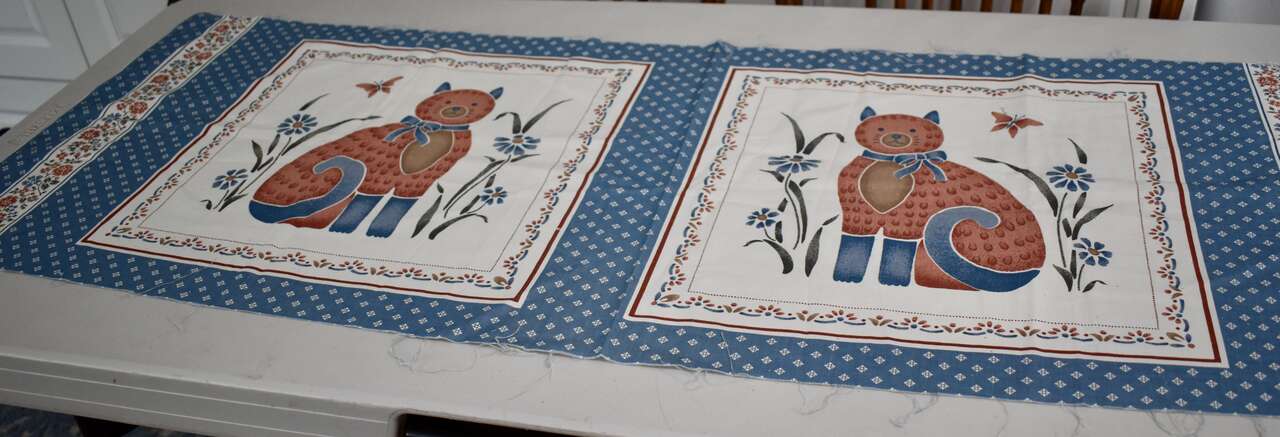 Blue Peachy Rust Colored Cotton Fabric Cats Panel For Quilts, Pillows, Aprons, The Back Of Levi Jackets
