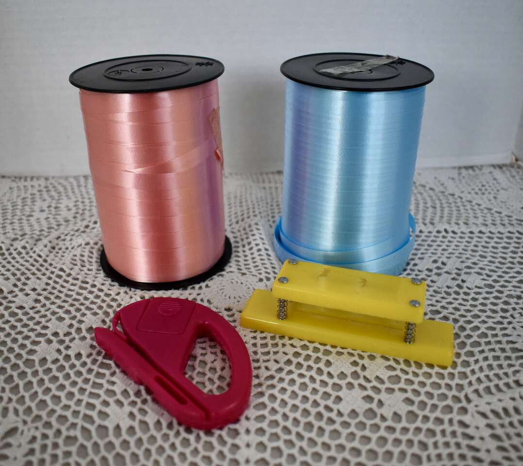 Vintage Set of Pink/Blue 3/8 Inch Poly Curling Ribbon With Over 250 Yards Each Plus 2 Cutters Plus 23 Premade Pink Bows