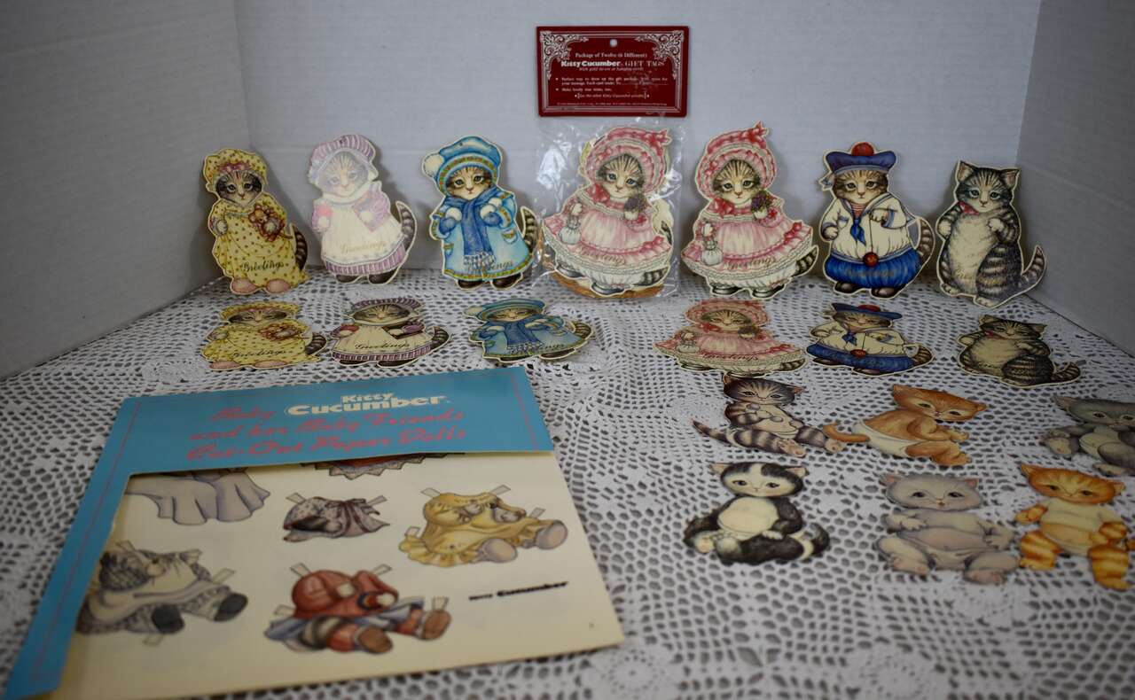 Collectible Vintage Baby Kitty Cat Cucumber W Her Baby Friends Cut Out Paper Dolls W Clothes Plus 2 Sets Of Kitty Gift Tags