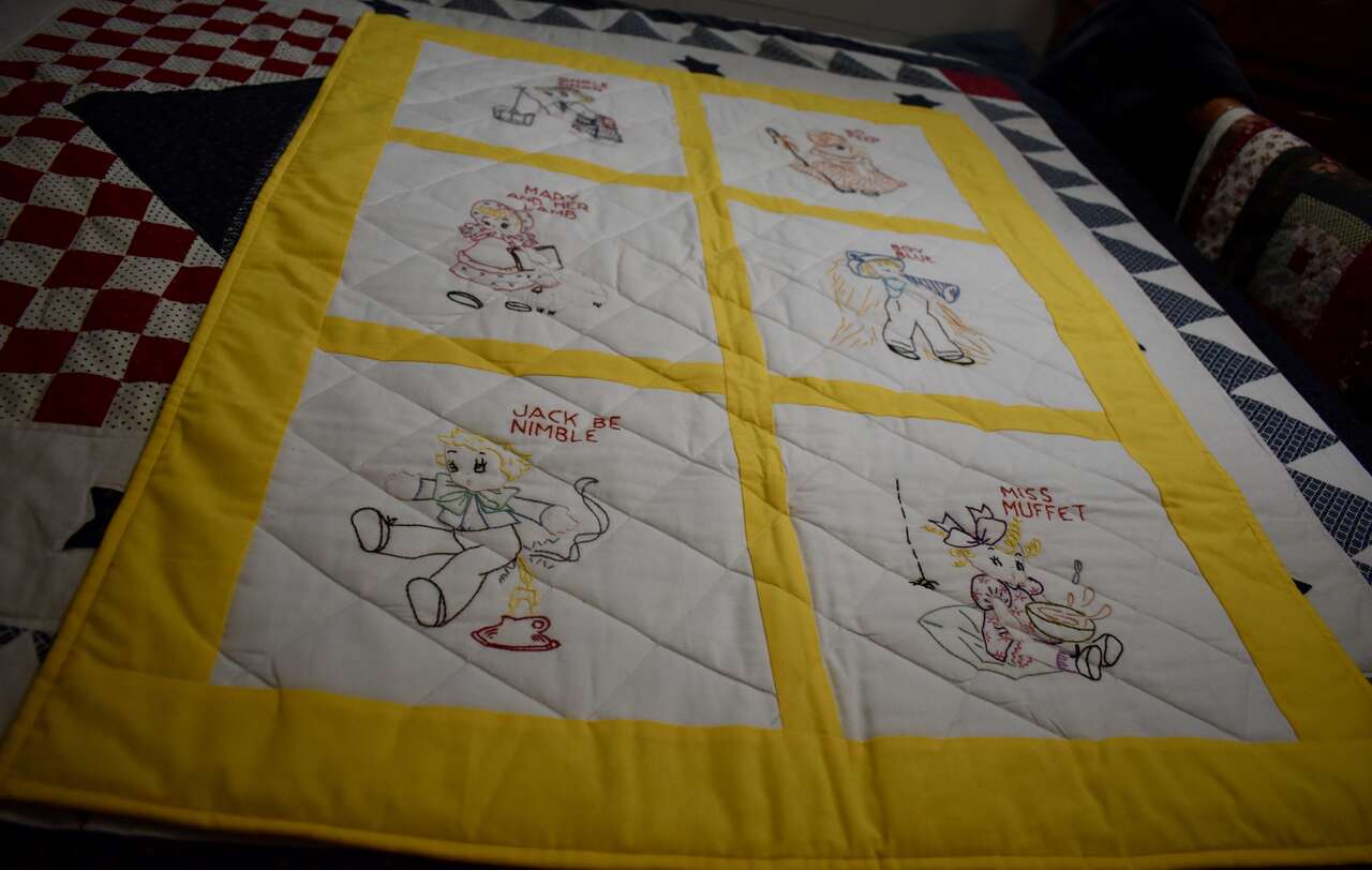 Beautiful Cotton Baby Quilt / Blanket With Embroidery Nursery Rhyme Characters In Like New Condition