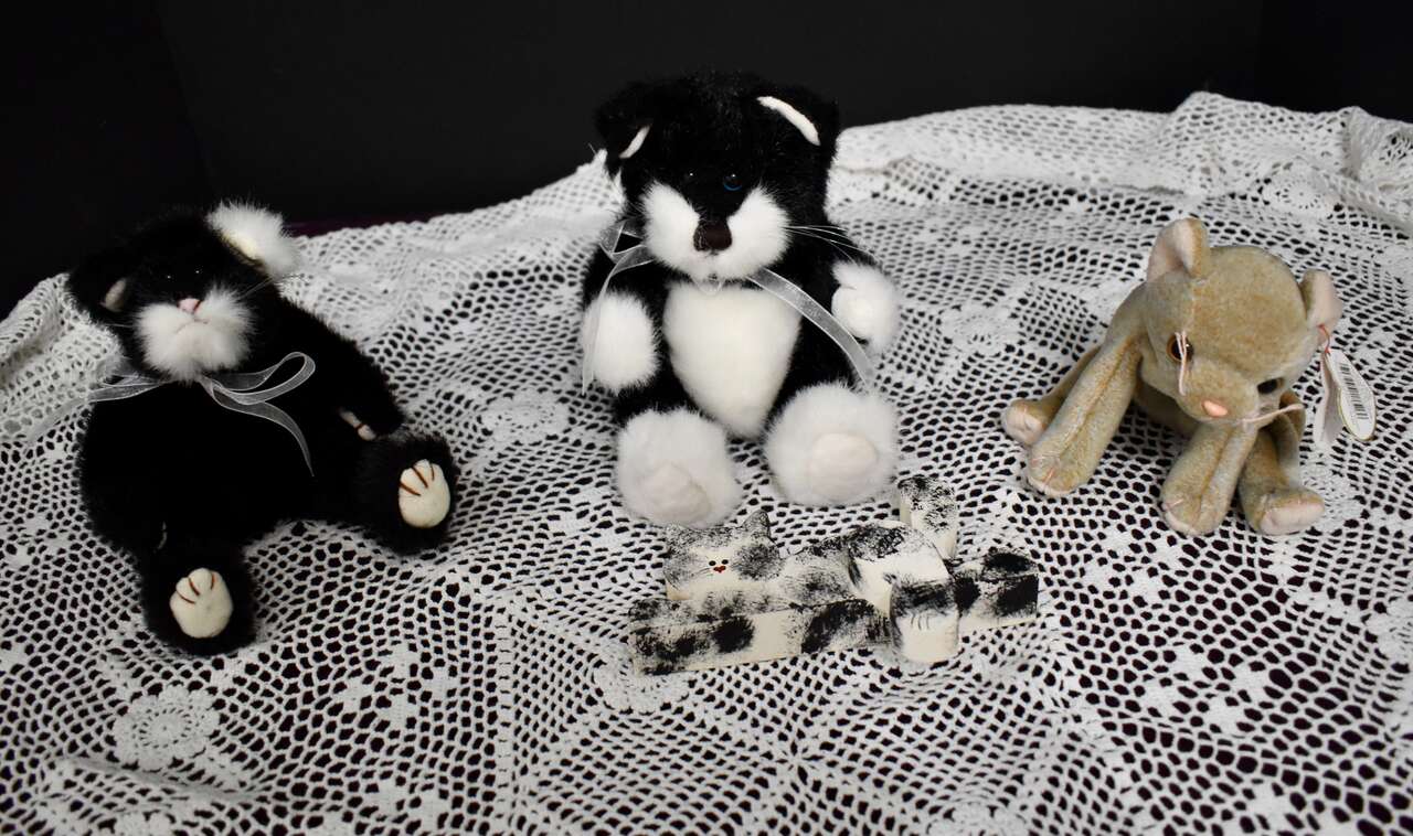 Three Really Cute Stuffed Kitty Cat Animal Dolls With 2  By Ty Beanie Babies And 1 Small Wooden Shelf Cat