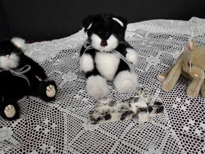 Three Really Cute Stuffed Kitty Cat Animal Dolls With 2 By Ty Beanie Babies And 1 Small Wooden Shelf Cat
