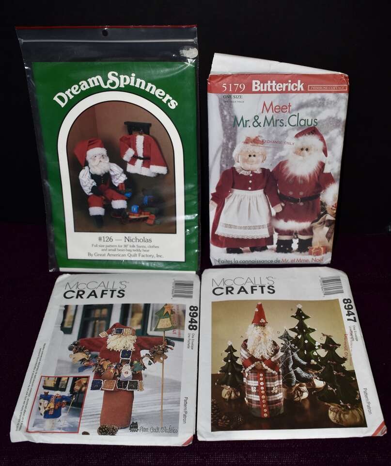 Four Separate Santa Claus & Fabric Christmas Tree Sewing Patterns For Fun Christmas Decor