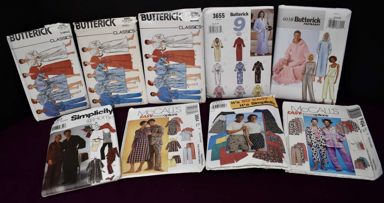 Several Size X Small To Medium Womens And Mens Robe / Pajamas And Sizes Small To X Large Shorts Sewing Patterns
