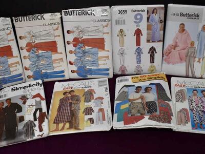 Several Size X Small To Medium Womens And Mens Robe / Pajamas And Sizes Small To X Large Shorts Sewing Patterns