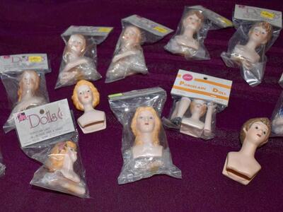 Several Unique Small Porcelain Doll Heads Most With Arms And One W Arms / Legs For Making Dolls OR Christmas Ornaments And More